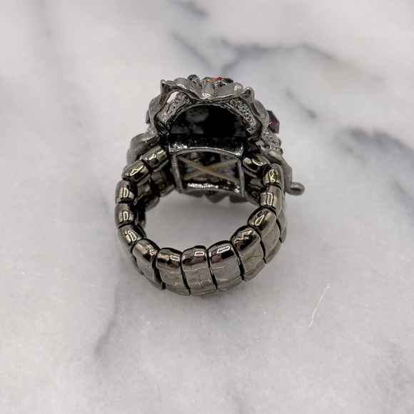 Gunmetal, Silver tone & Multi Crystal Chunky Ladybug Insect Stretch Band Ring - Picture 6 of 7